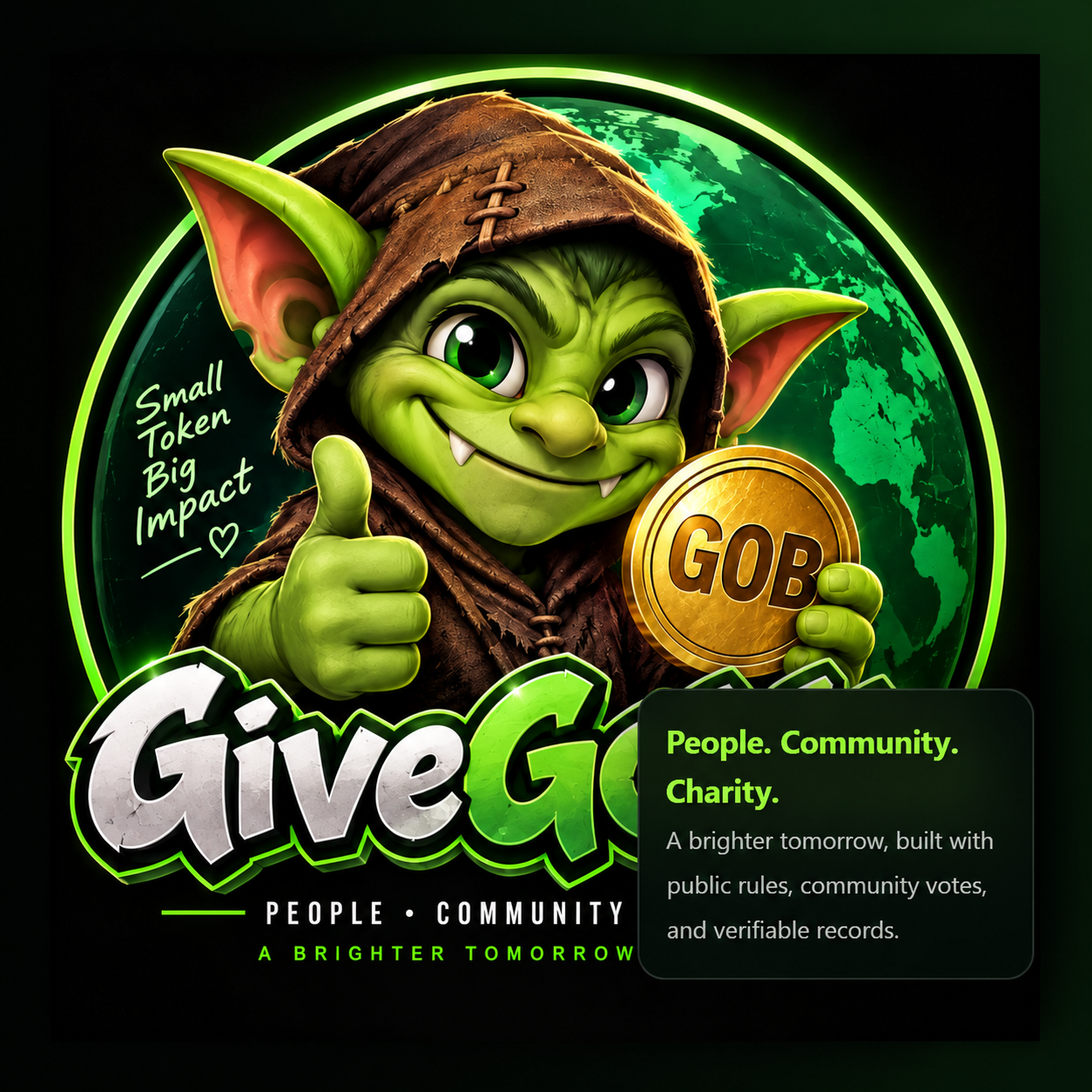 Friendly GiveGoblin mascot holding a GOB coin